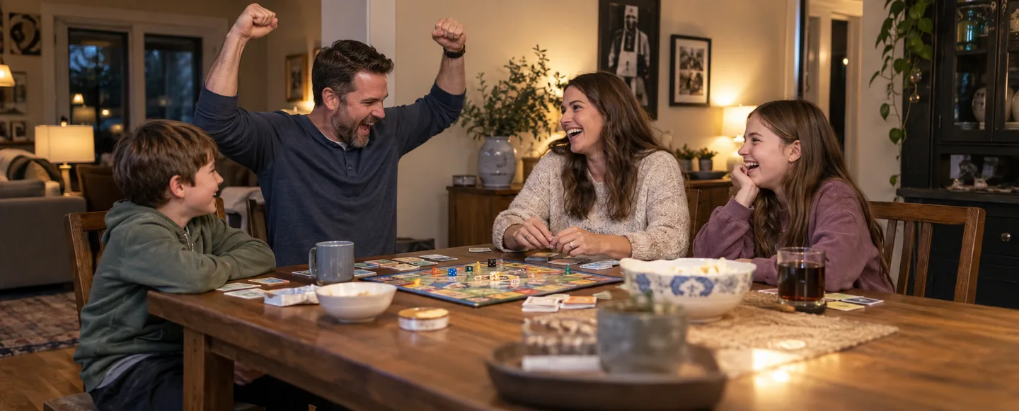 Illustration of two adults and two children gather around a board game; one adult raises both arms.