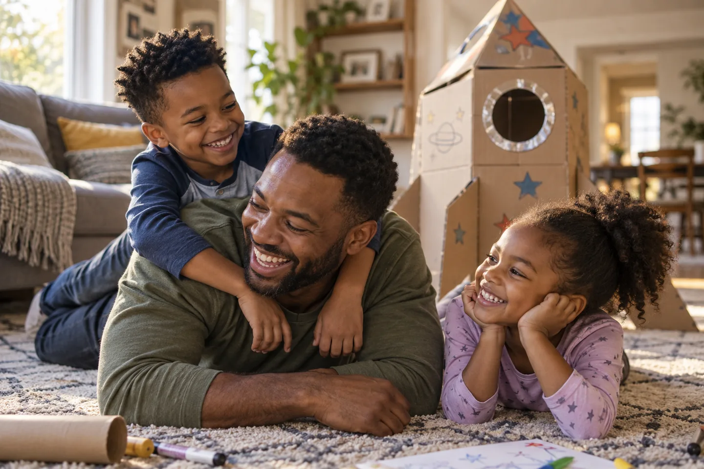 Illustration of an adult and two children laugh on a rug beside a cardboard rocket.