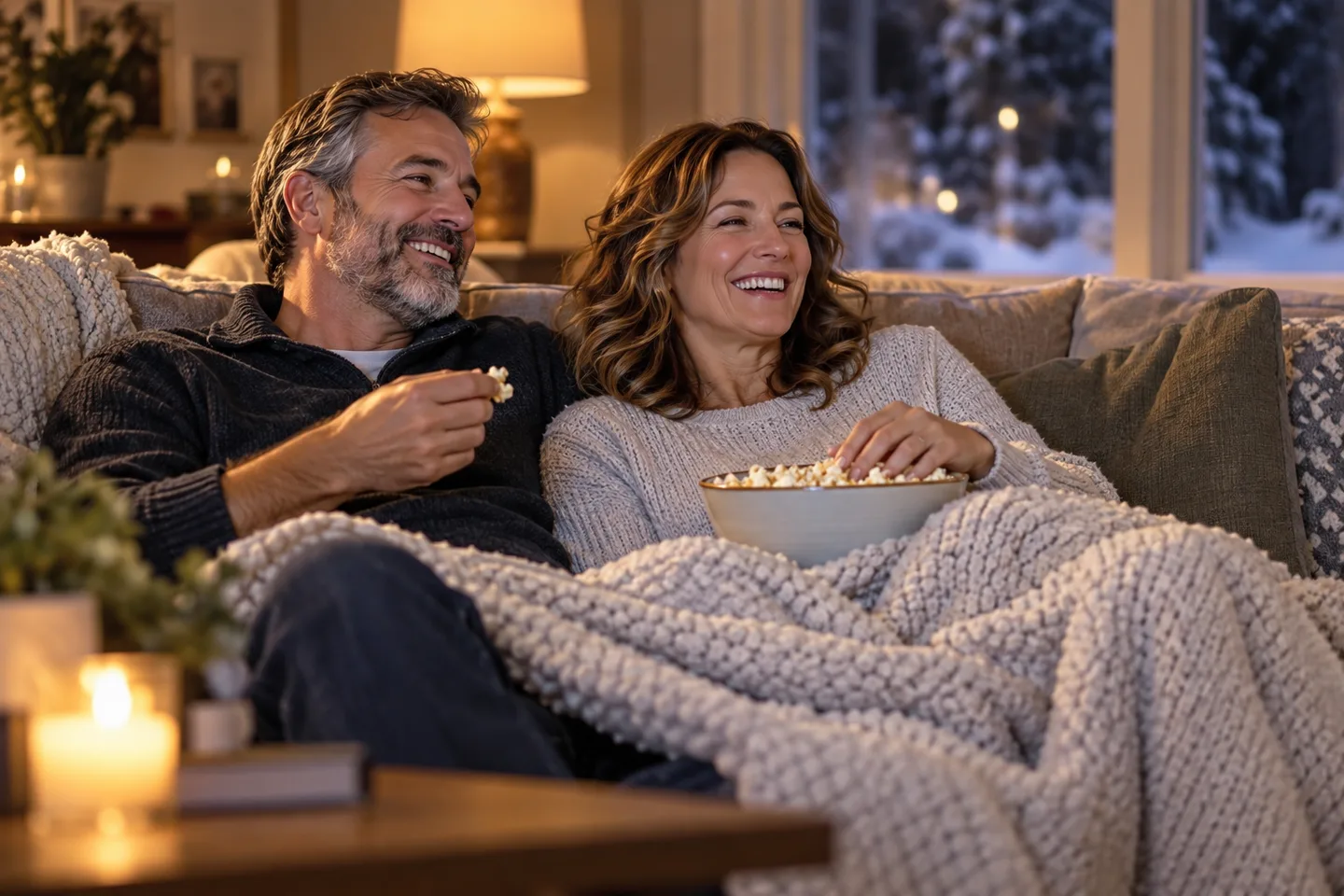 Illustration of two adults share popcorn under a blanket on a sofa.