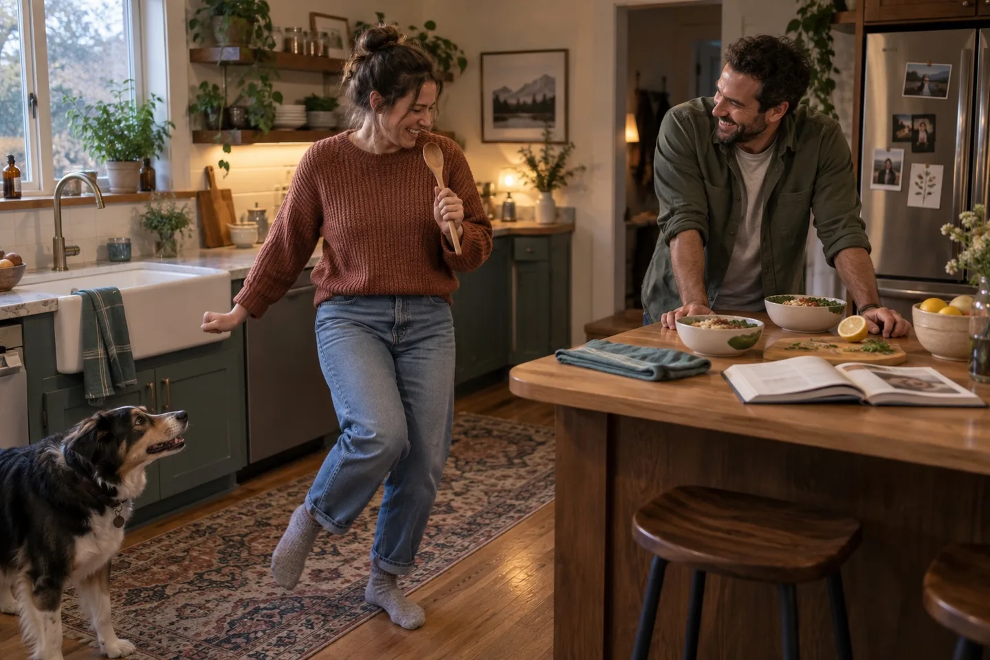 Illustration of an adult dances with a wooden spoon while another adult watches from the kitchen table.