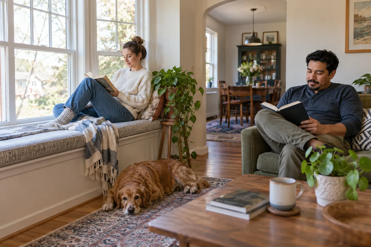 Illustration of two adults read separately near a bright window while a dog rests on the floor.