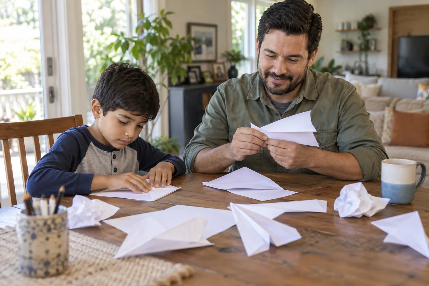 Illustration of an adult and a child fold paper airplanes at a table.