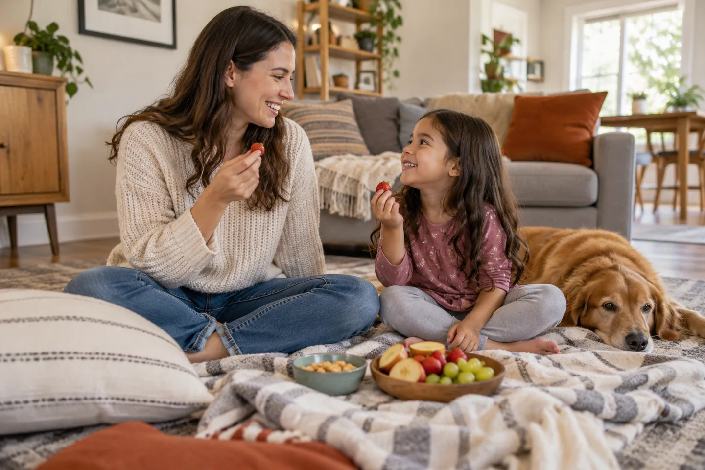 Illustration of an adult and a child share fruit on a blanket beside a resting dog.