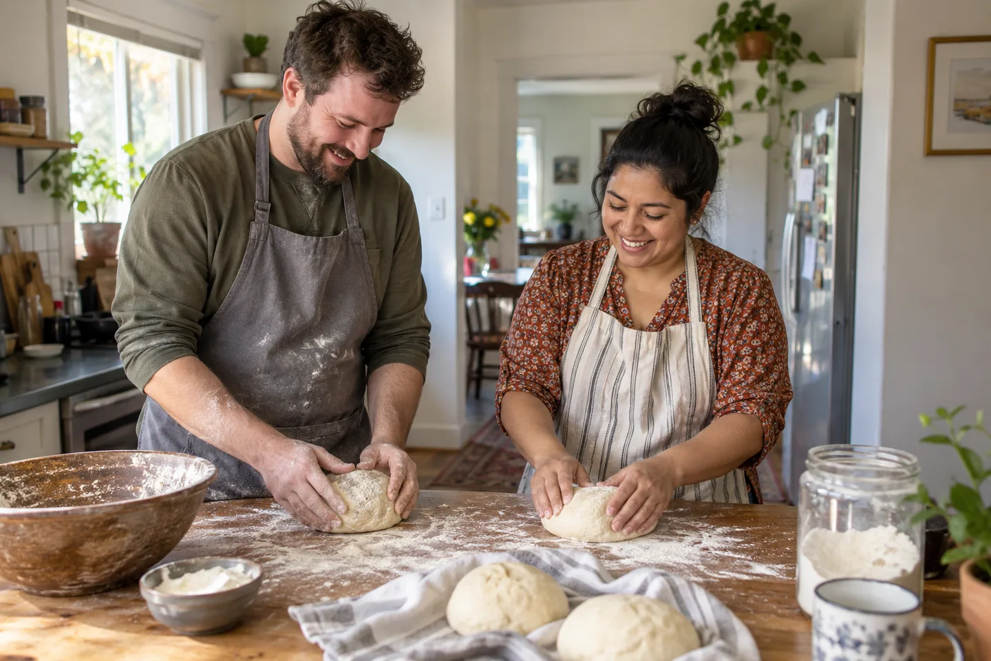 Illustration of two adults knead dough side by side at a kitchen counter.