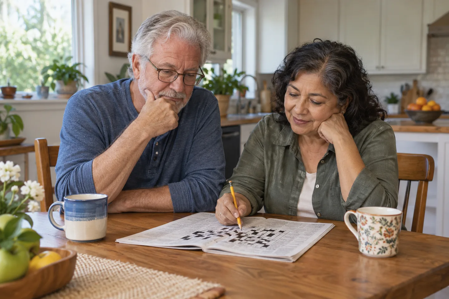 Illustration of two adults work through a crossword at a kitchen table.