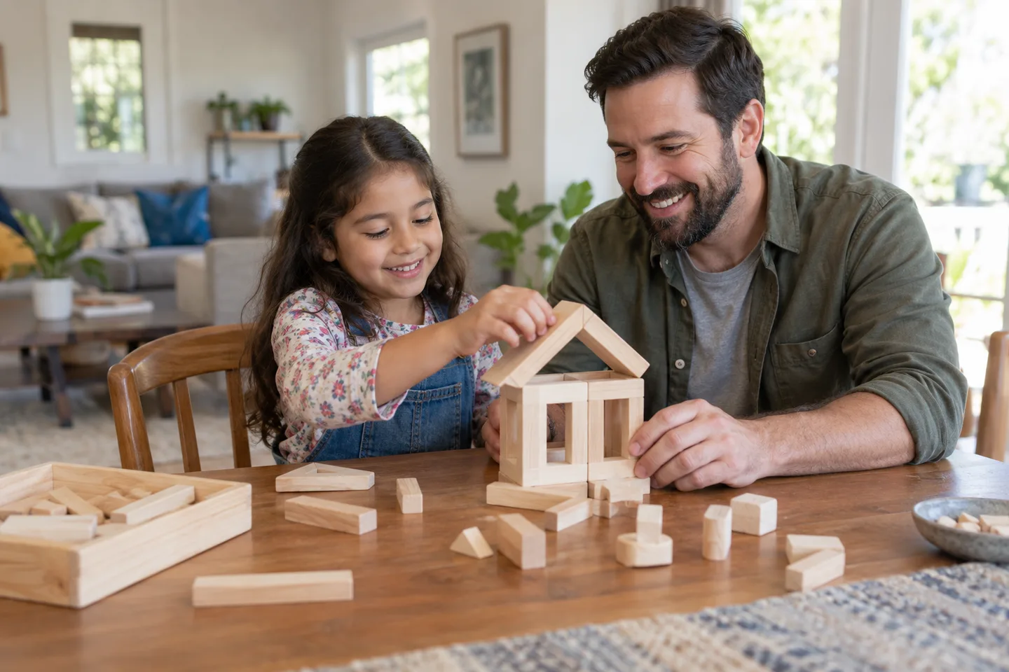 Illustration of an adult and a child build a small house from wooden blocks.