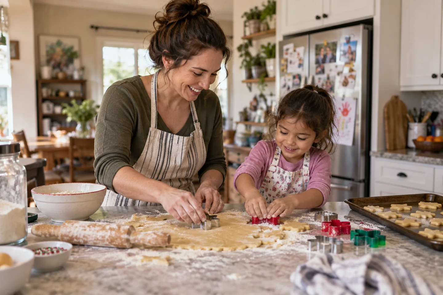Illustration of an adult and a child press cookie cutters into dough at a kitchen counter.