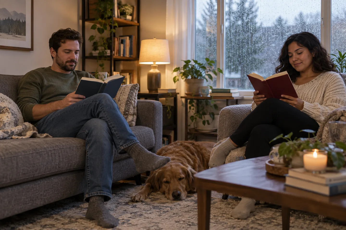 Illustration of two adults read near a rain-speckled window while a dog rests between their seats.