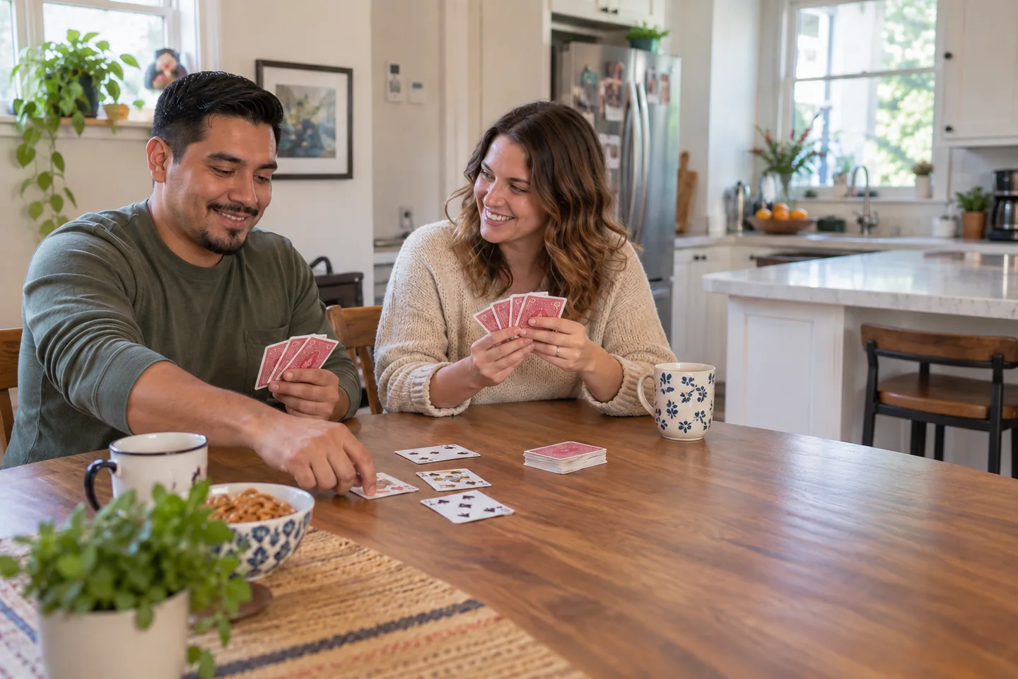 Illustration of a couple playing cards together at a kitchen table.