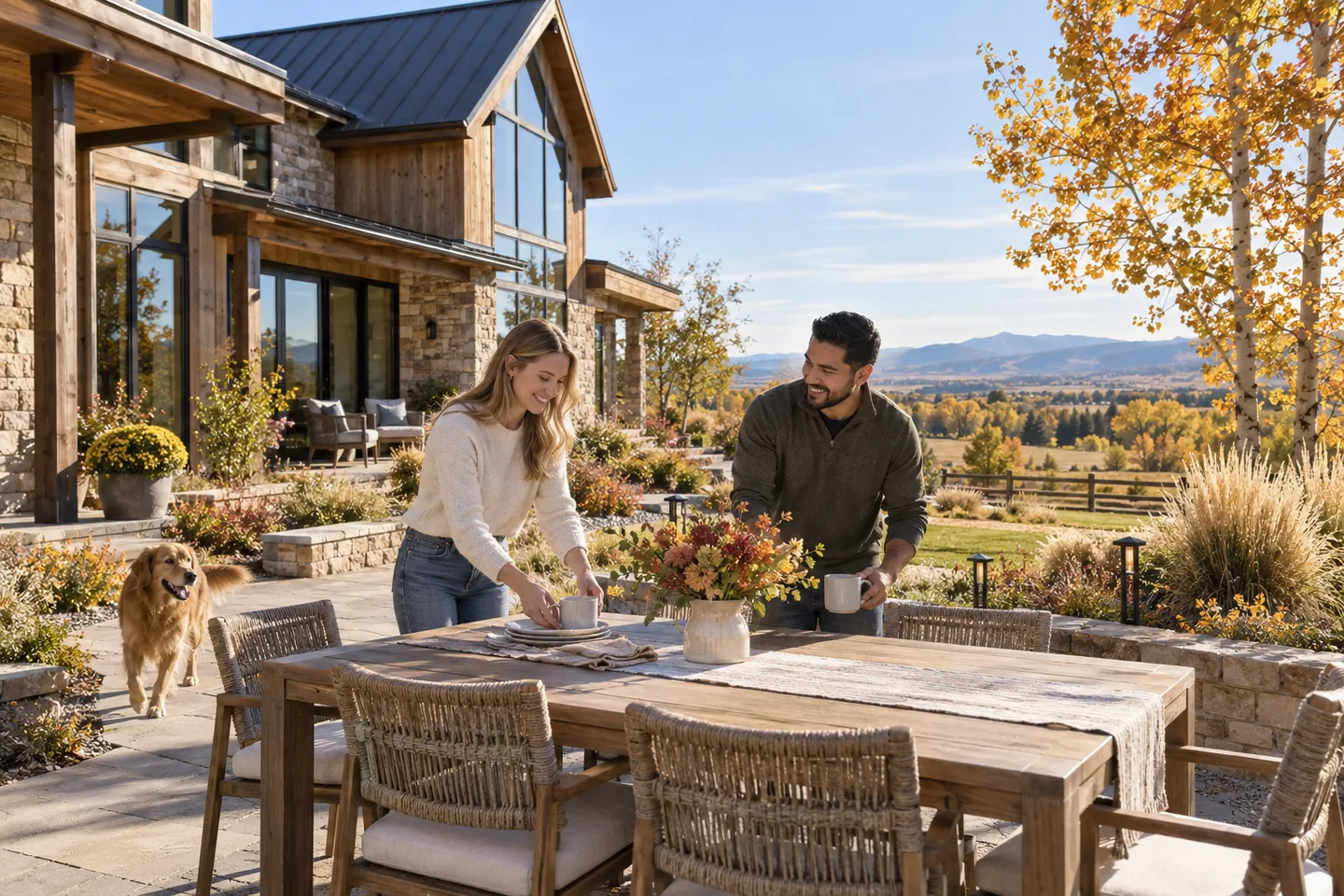 AI-generated illustration: Two adults set an outdoor table beside a timber and stone home in autumn.