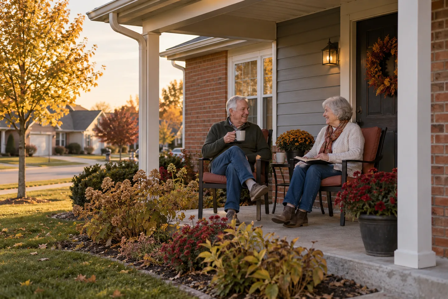 AI-generated illustration: Two older adults share tea on a modest home's autumn porch.