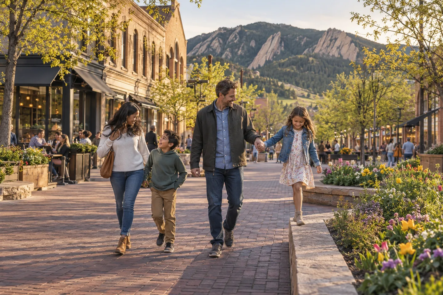 AI-generated illustration: Two adults and two children enjoy an outing beside low-rise town-center buildings.