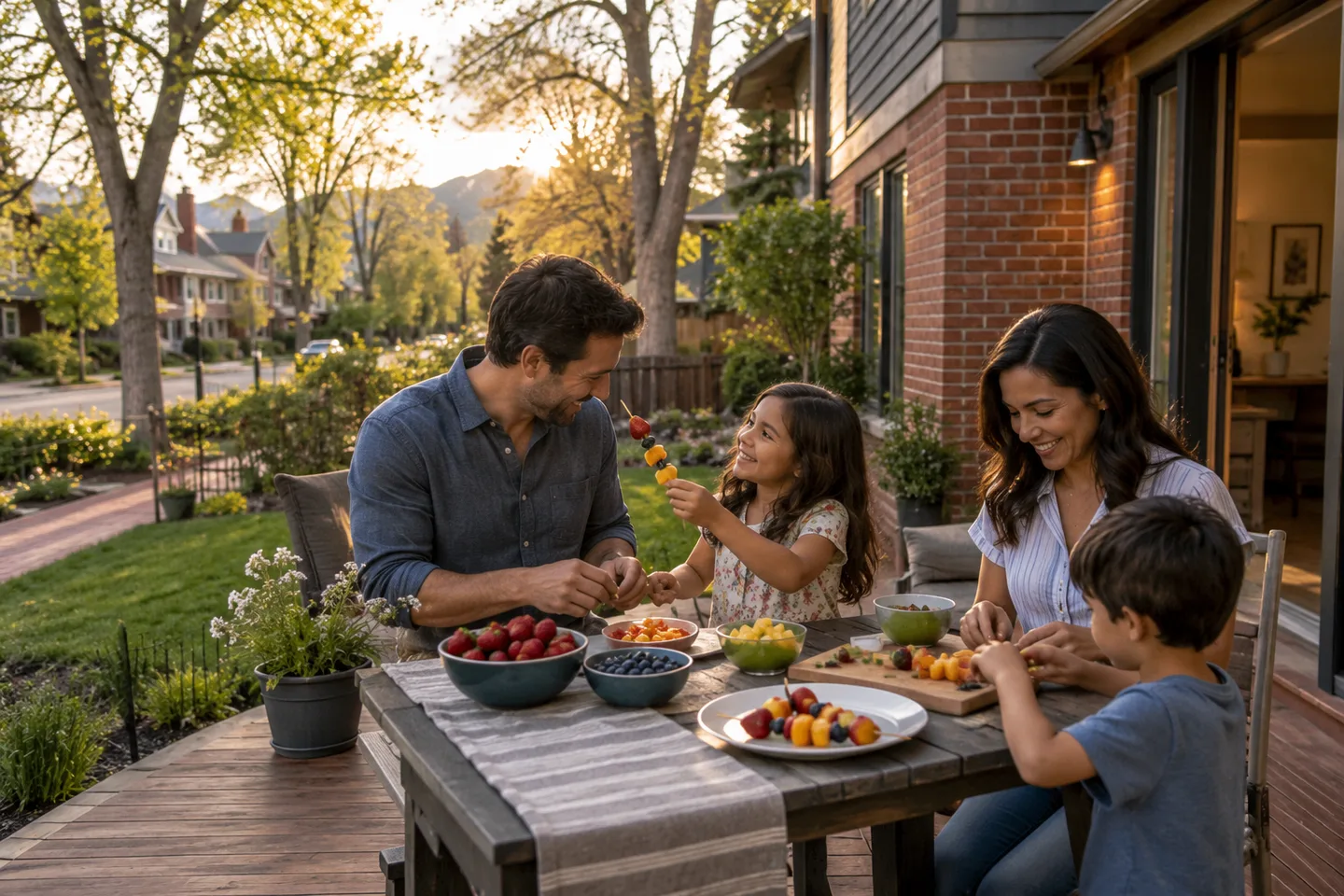 AI-generated illustration: Adults and children prepare fruit on a small deck beside a brick and siding home.