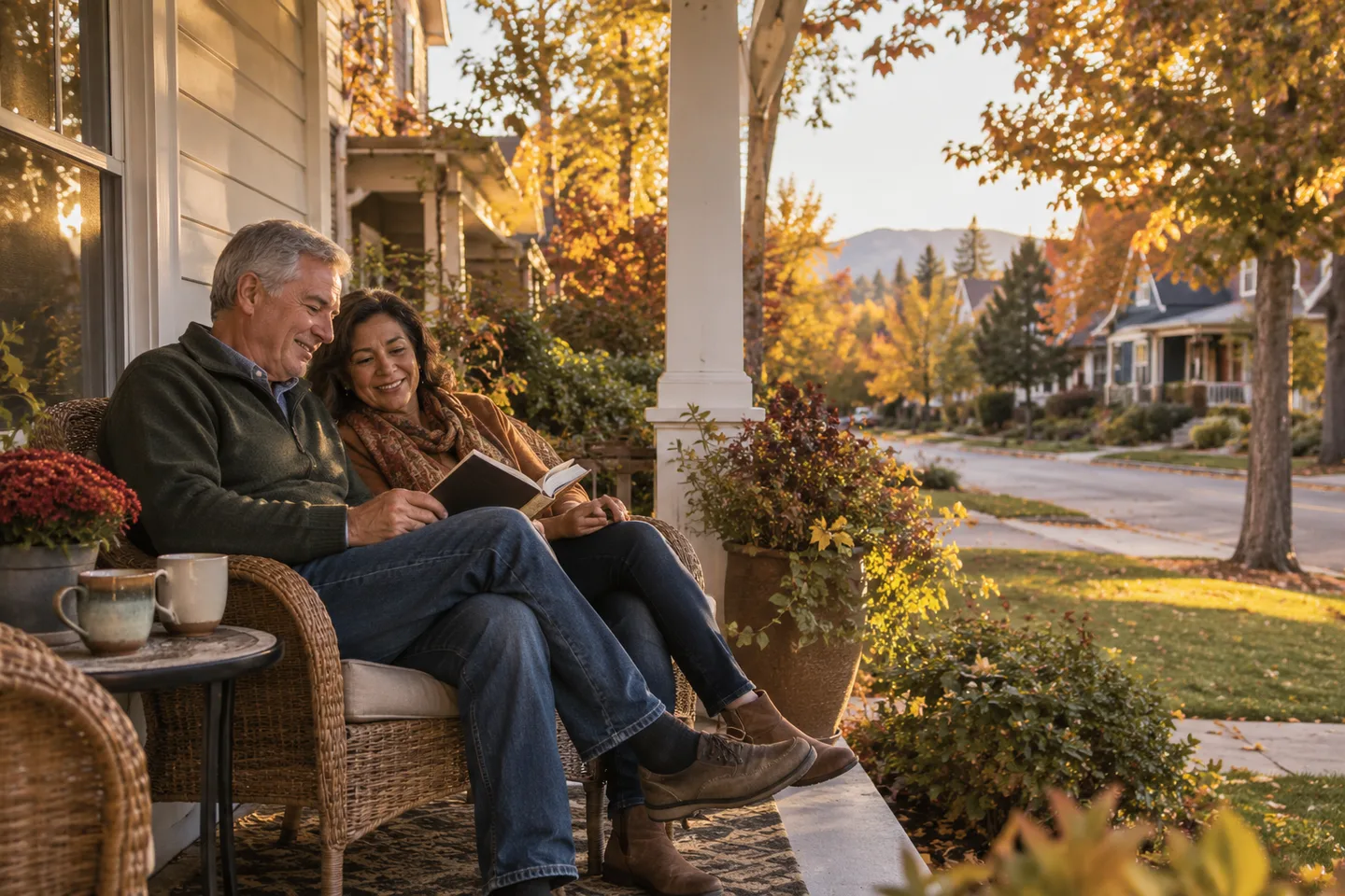 AI-generated illustration: Two older adults share a book on a neighborhood porch.