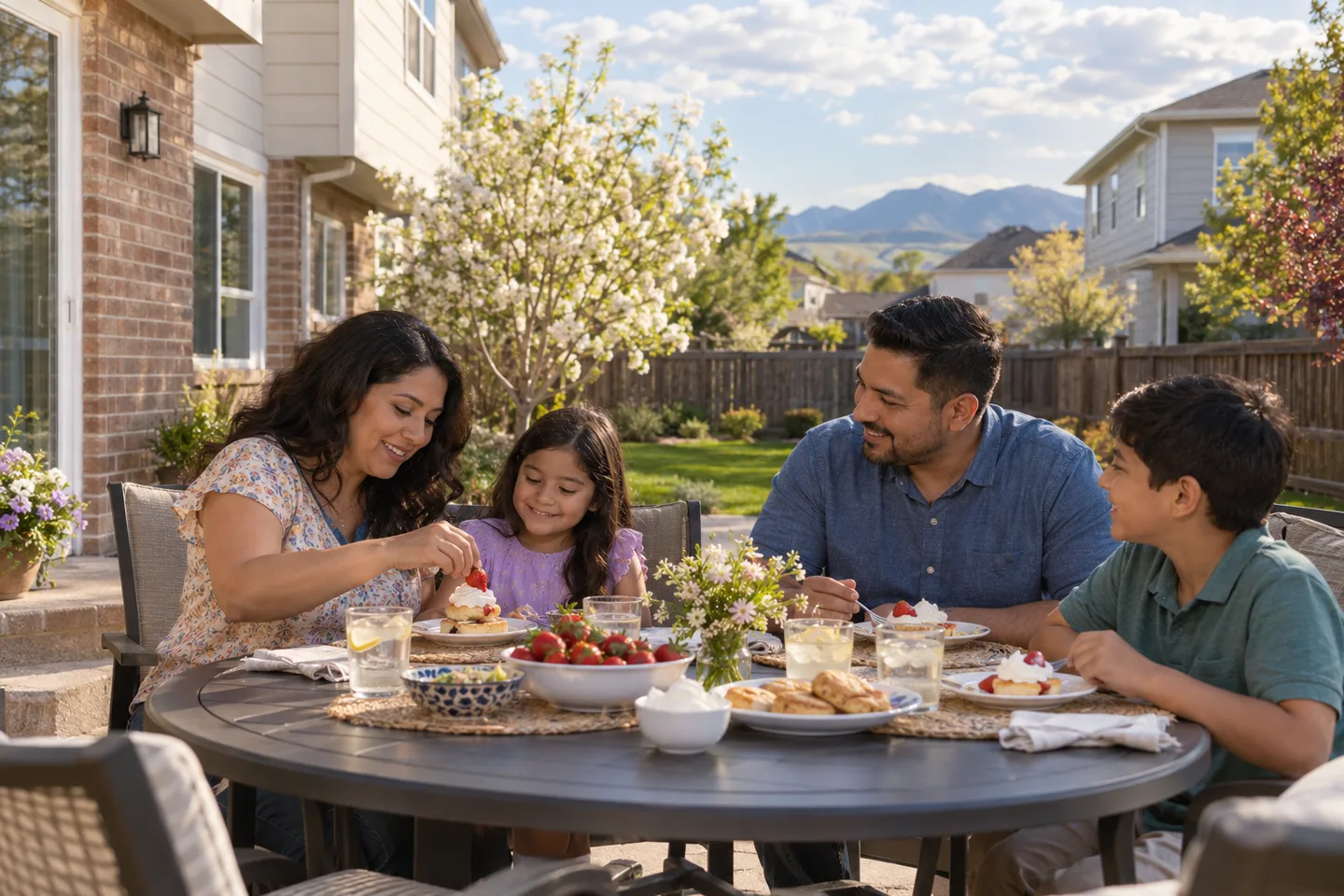 AI-generated illustration: A family of four enjoys a small outdoor patio lunch.