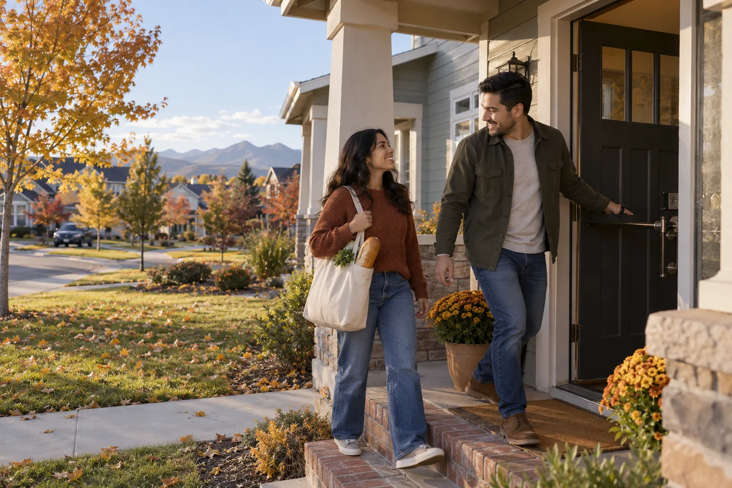 AI-generated illustration: A younger couple in their late twenties arrive at their attractive front porch after a neighborhood walk.