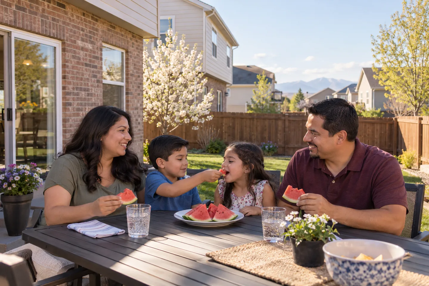 AI-generated illustration: A family sharing watermelon at lunch on a small neighborhood patio in spring.