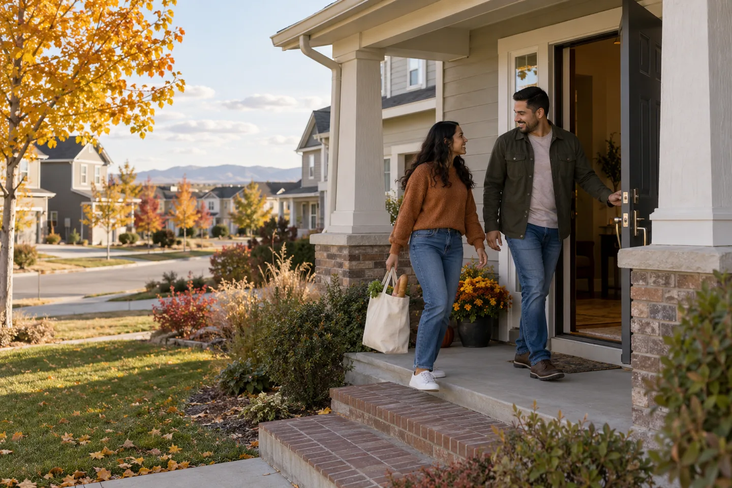 AI-generated illustration: A younger couple in their late twenties arrive at their attractive front porch after a neighborhood walk.