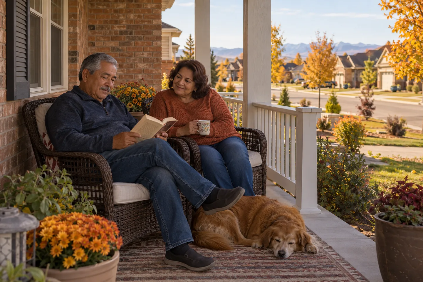 AI-generated illustration: An older couple in their sixties enjoy a relaxed afternoon on a generous covered porch.