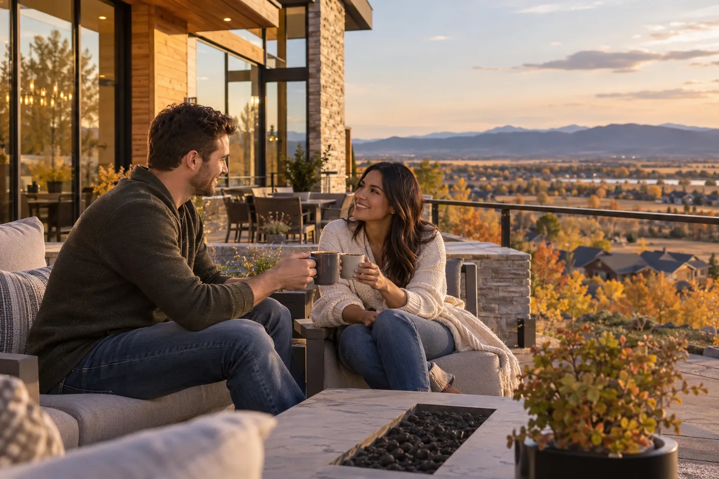 AI-generated illustration: Two adults share mugs on the terrace of a contemporary home.