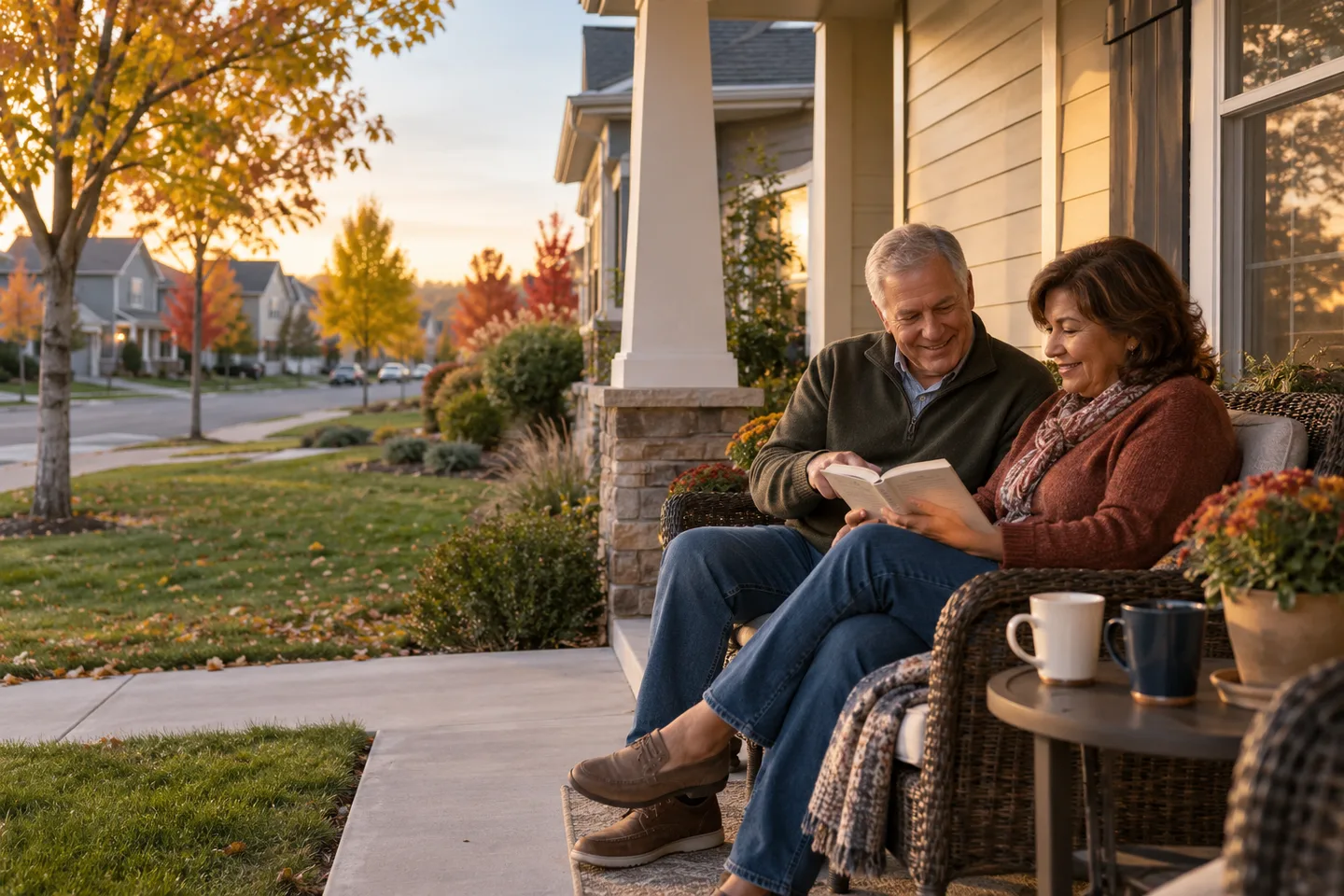 AI-generated illustration: Two older adults share a book on a neighborhood porch.