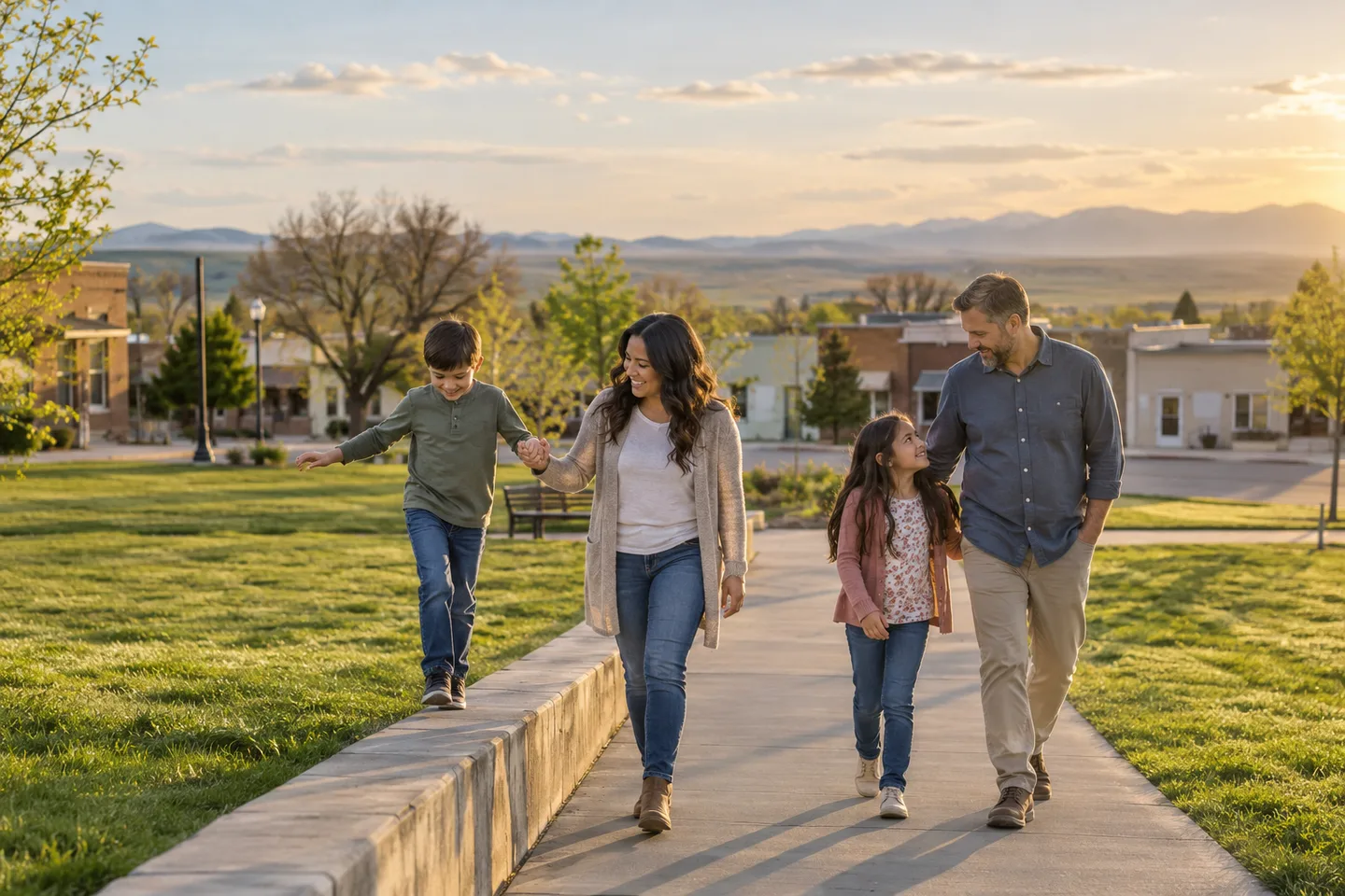 AI-generated illustration: Two adults and two children walk beside a community green and simple low-rise buildings.