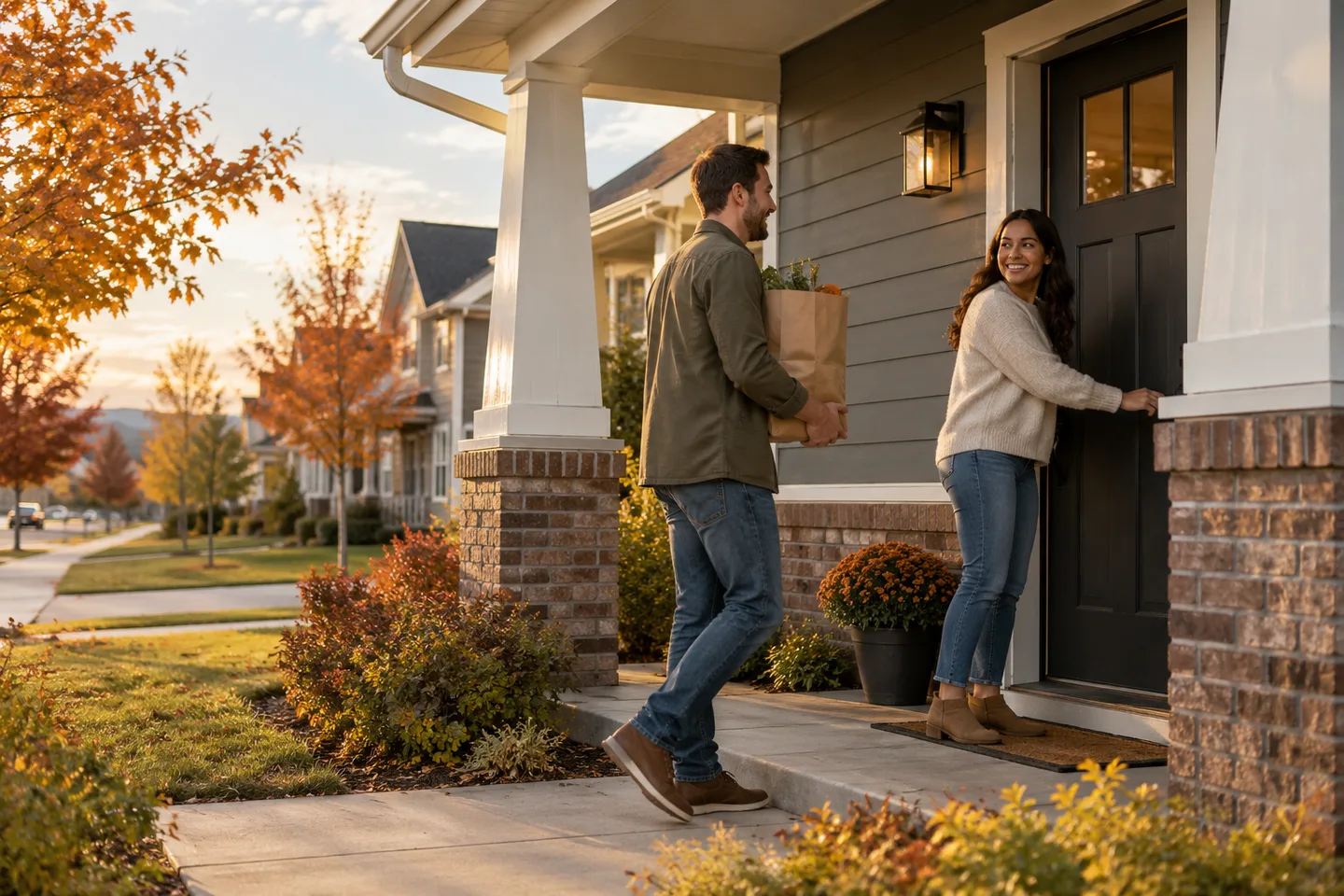 AI-generated illustration: Two adults return to a brick and cedar home with a grocery bag.