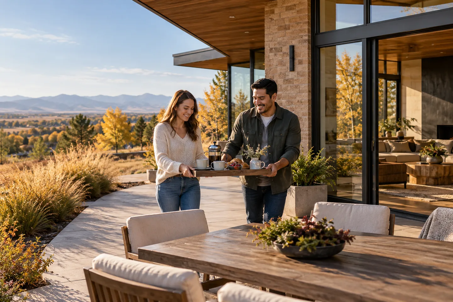 AI-generated illustration: Two adults carry a breakfast tray onto a modern home's autumn terrace.