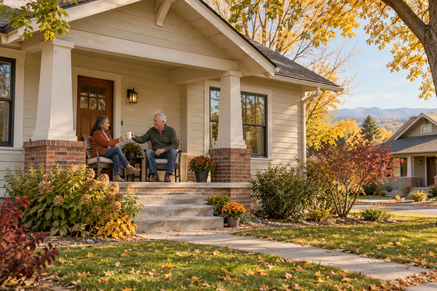 AI-generated illustration: An older couple share a quiet conversation on the porch of a Fort Collins neighborhood home.