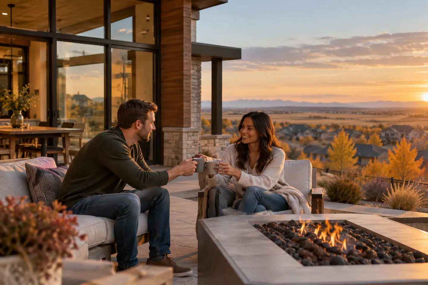 AI-generated illustration: Two adults share mugs on the terrace of a contemporary home.