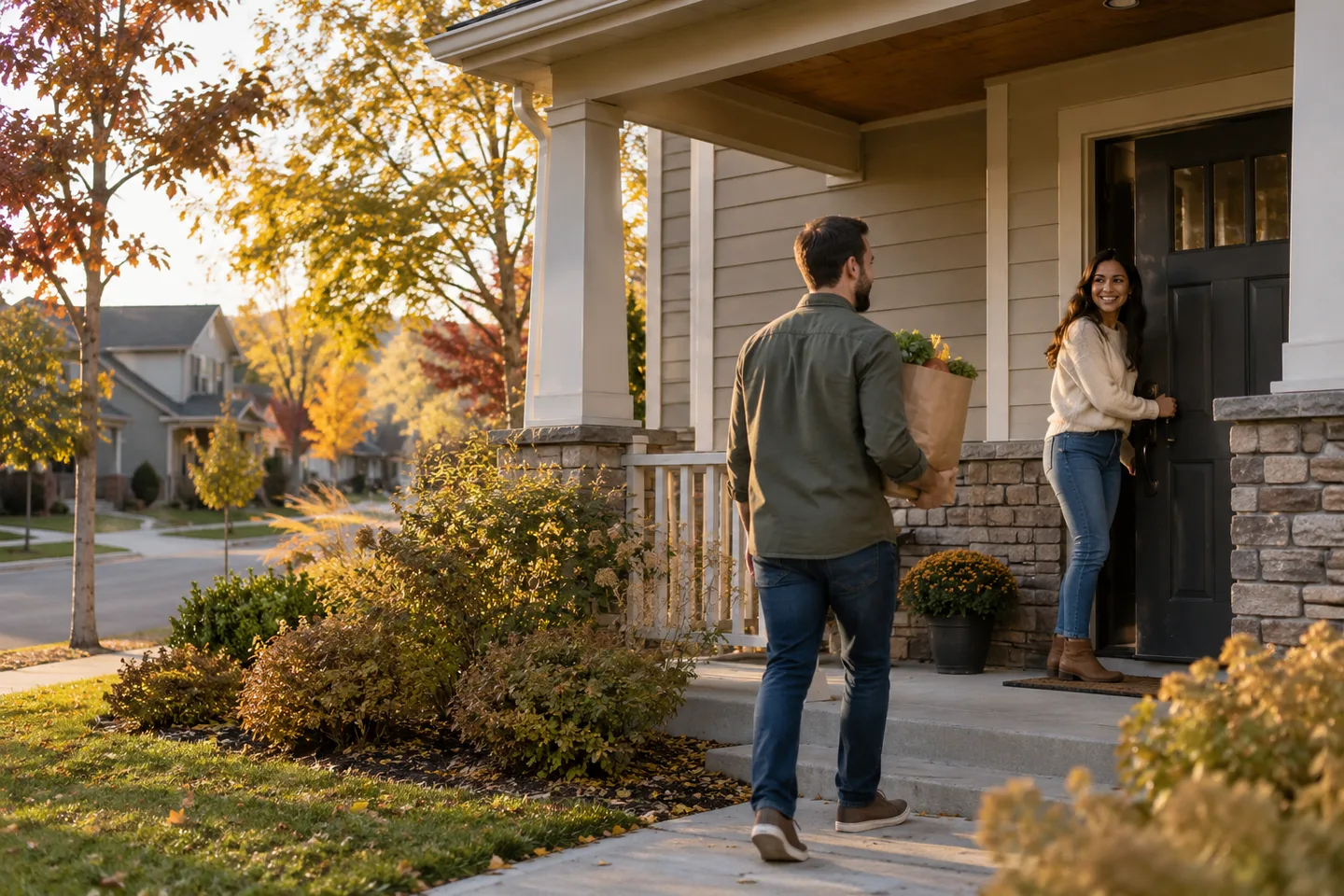AI-generated illustration: Two adults return to a brick and cedar home with a grocery bag.