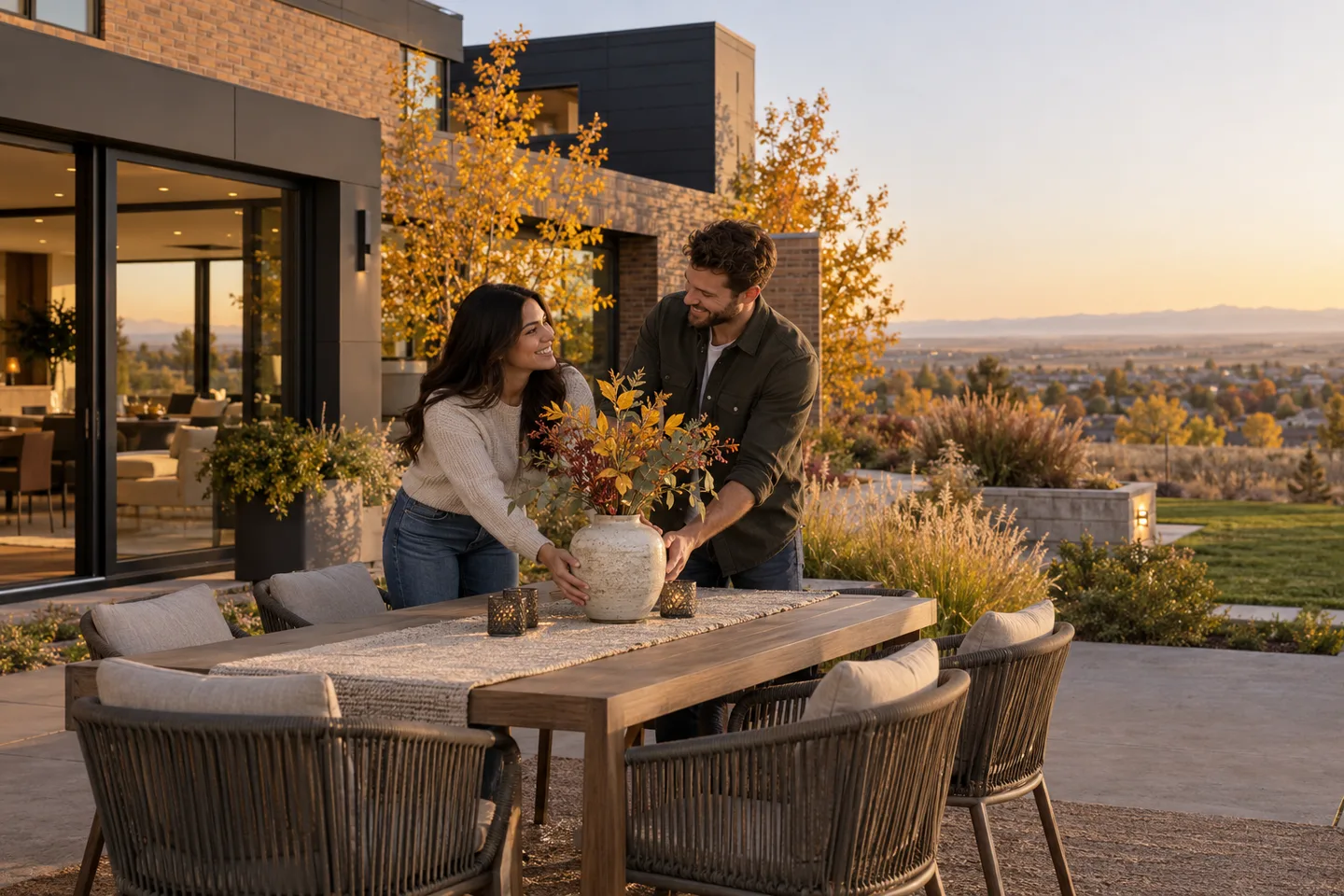 AI-generated illustration: Two adults place a vase on a modern home's autumn garden dining table.