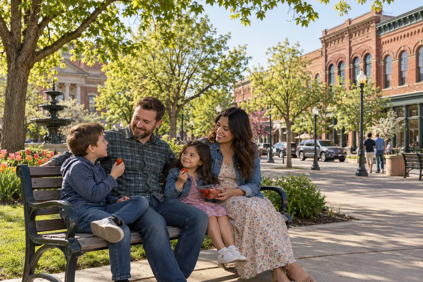 AI-generated illustration: Adults and children share a snack near a leafy downtown park and brick buildings.