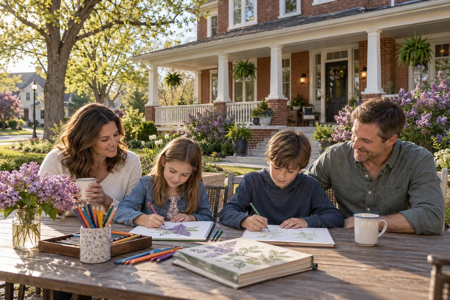 AI-generated illustration: Adults and children draw together at a garden patio table.