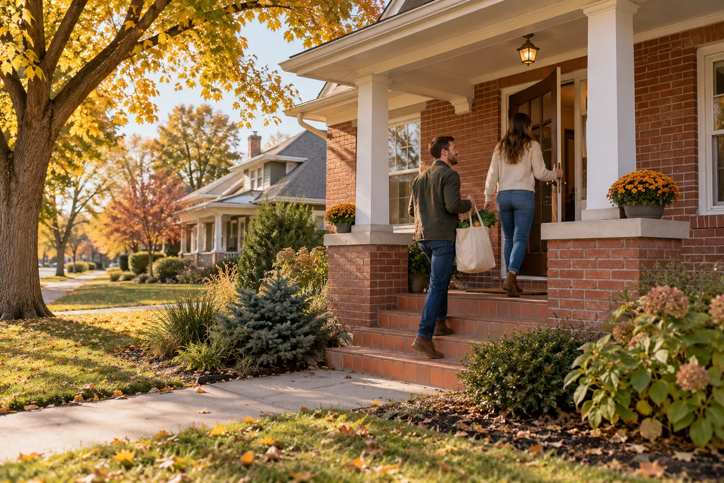 AI-generated illustration: Two adults return with groceries to a brick home's landscaped entry.