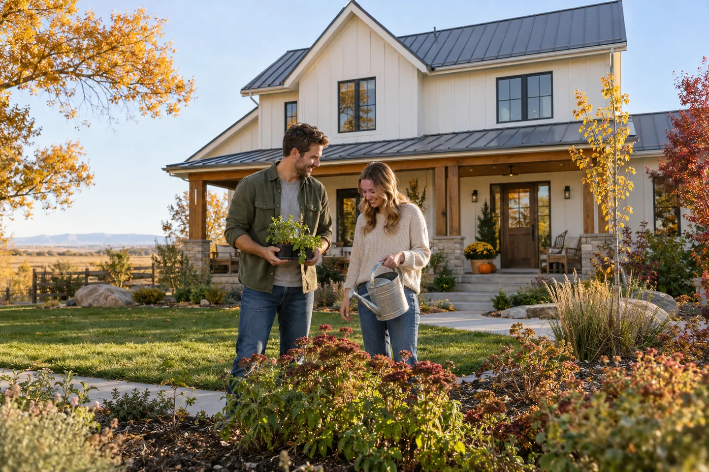 AI-generated illustration: A younger couple sharing a garden moment outside a contemporary home in fall.