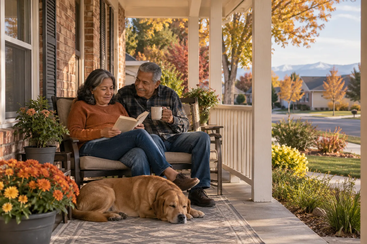 AI-generated illustration: An older couple in their sixties enjoy a relaxed afternoon on a generous covered porch.