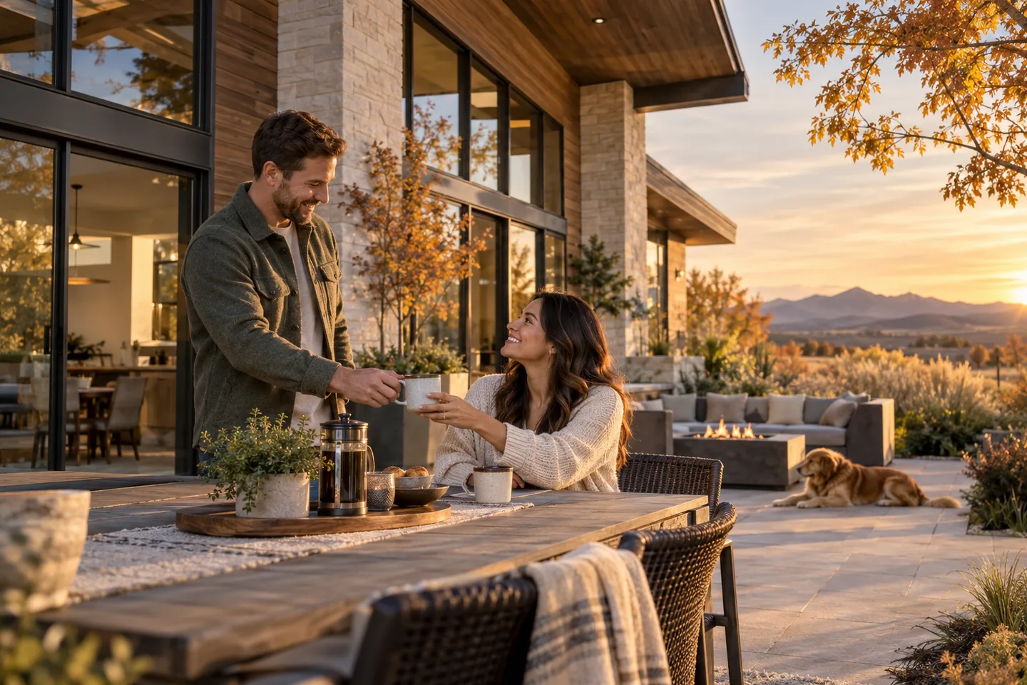 AI-generated illustration: Two adults share a mug on a terrace beside a modern wood and stone home.