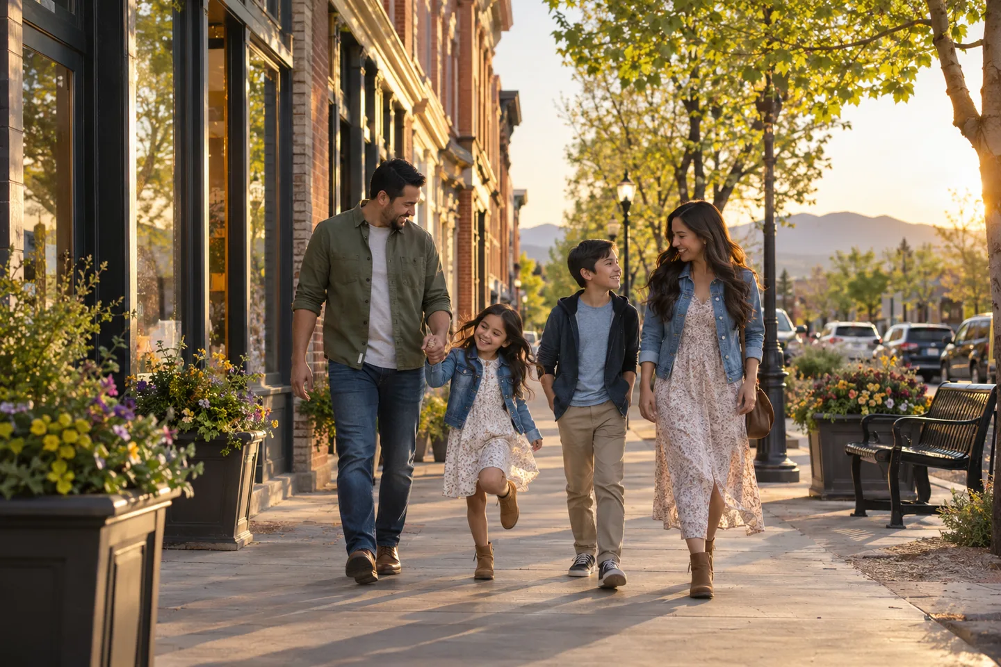AI-generated illustration: Two adults and two children walk together past brick storefronts and spring planters.