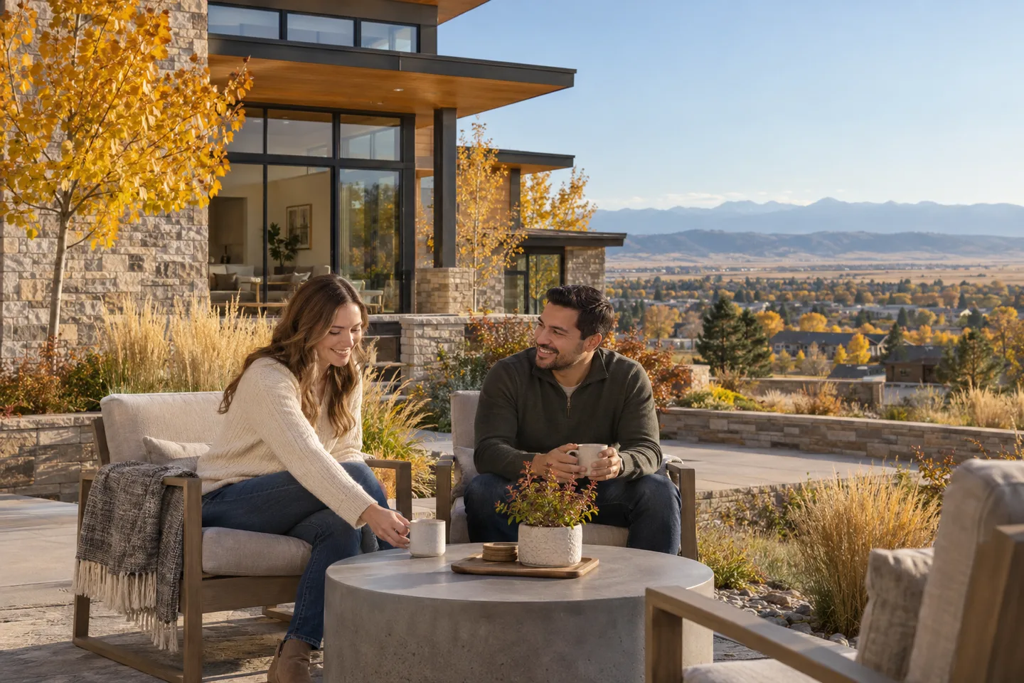 AI-generated illustration: Two adults enjoy tea on a modern home's landscaped autumn terrace.