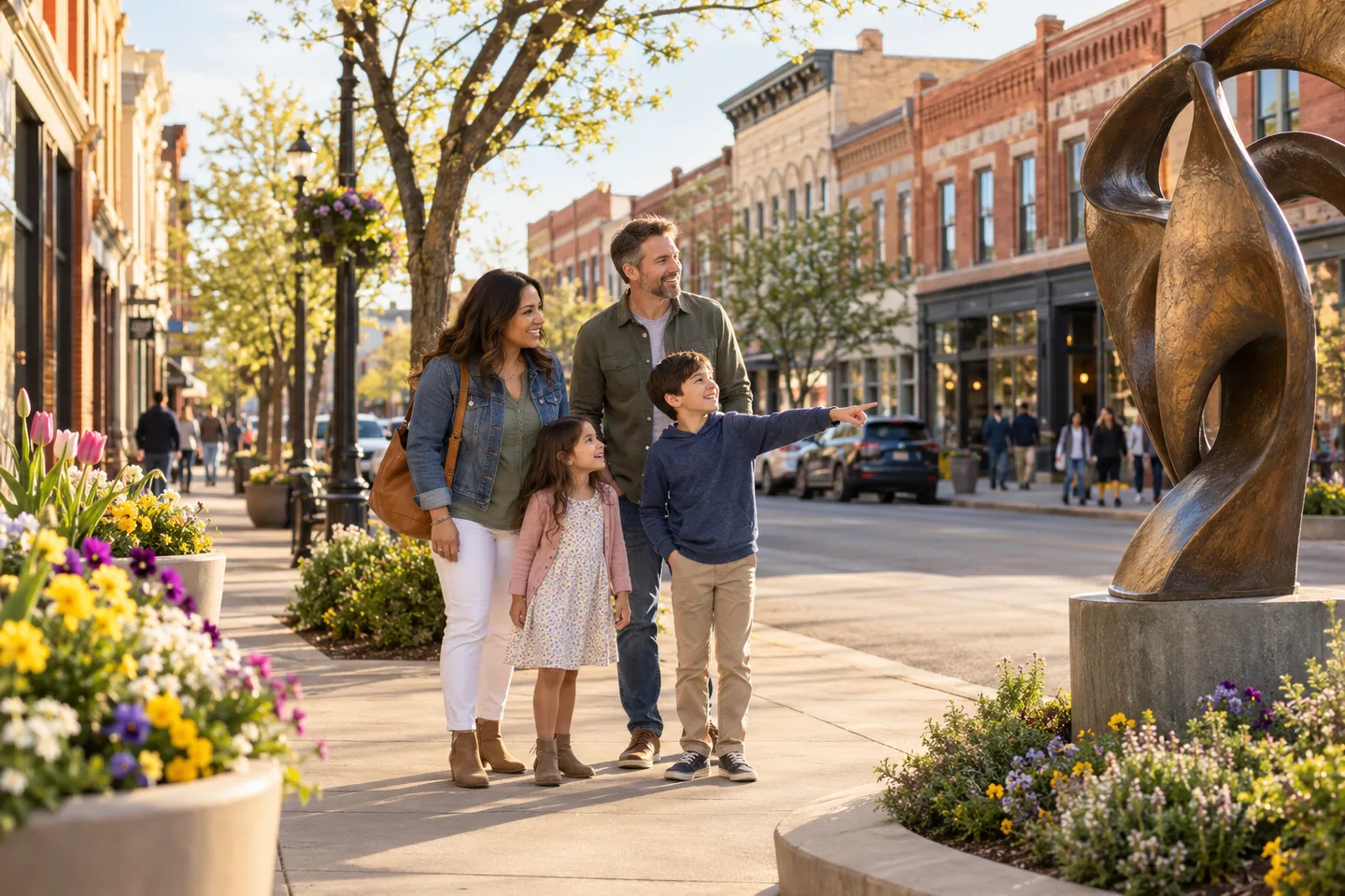 AI-generated illustration: Adults and children pause near outdoor sculpture and low brick storefronts.