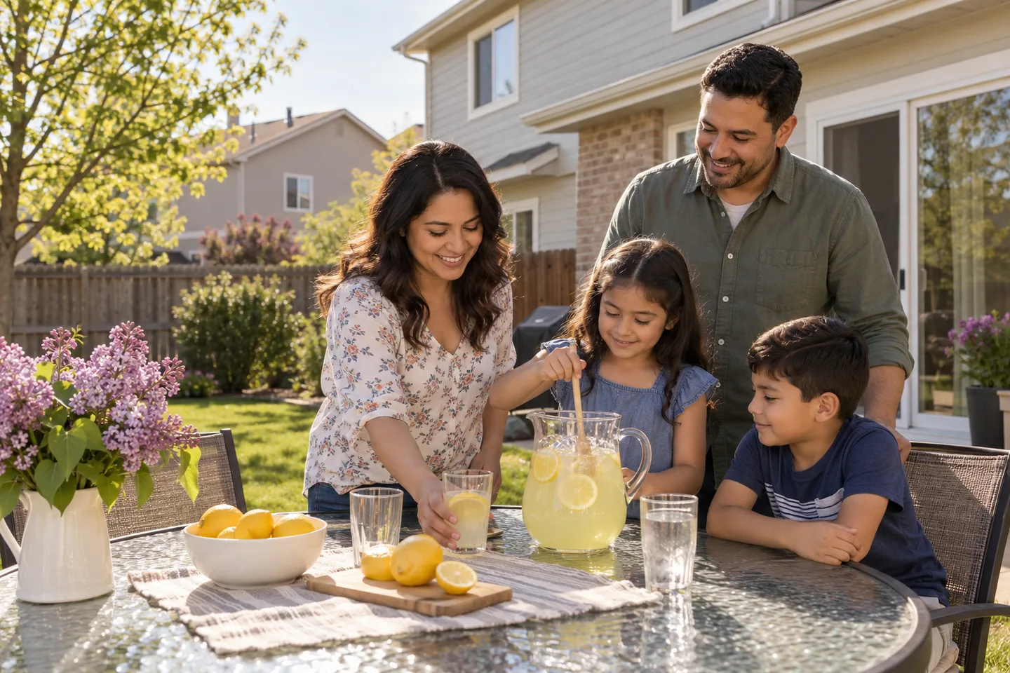AI-generated illustration: Adults and children make lemonade on a flower-filled home patio.