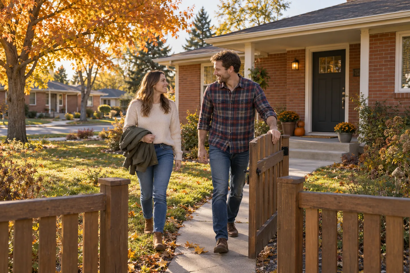 AI-generated illustration: Two adults return from a walk to a landscaped modern home's entry.