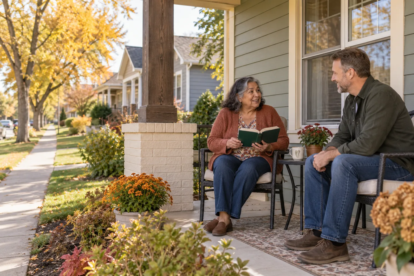AI-generated illustration: Two older adults share a book and a quiet conversation on an autumn porch.