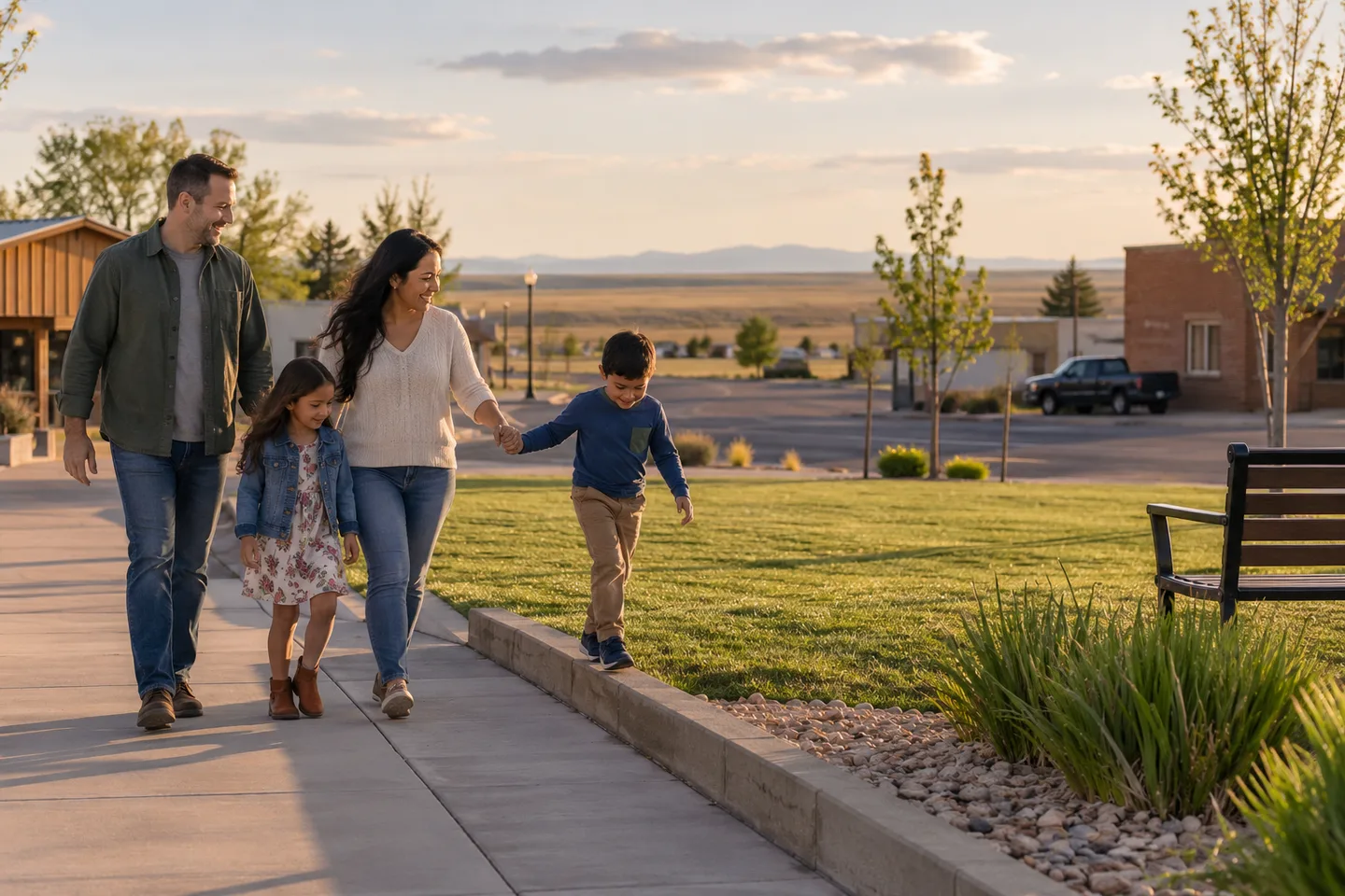 AI-generated illustration: Two adults and two children walk beside a community green and simple low-rise buildings.