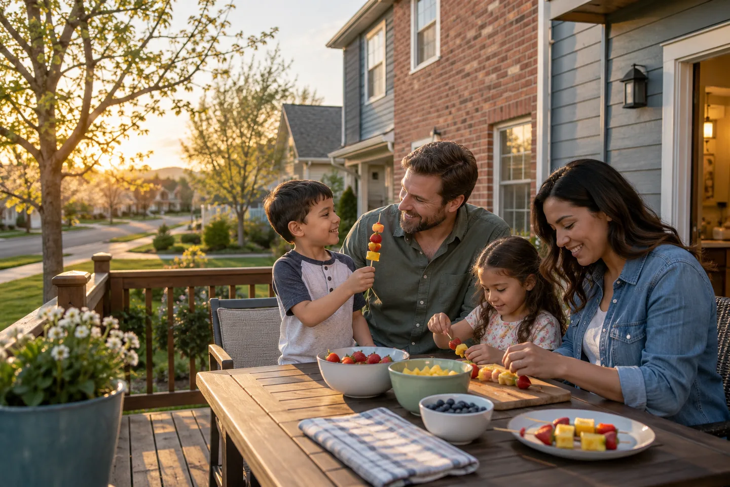 AI-generated illustration: Adults and children prepare fruit on a small deck beside a brick and siding home.
