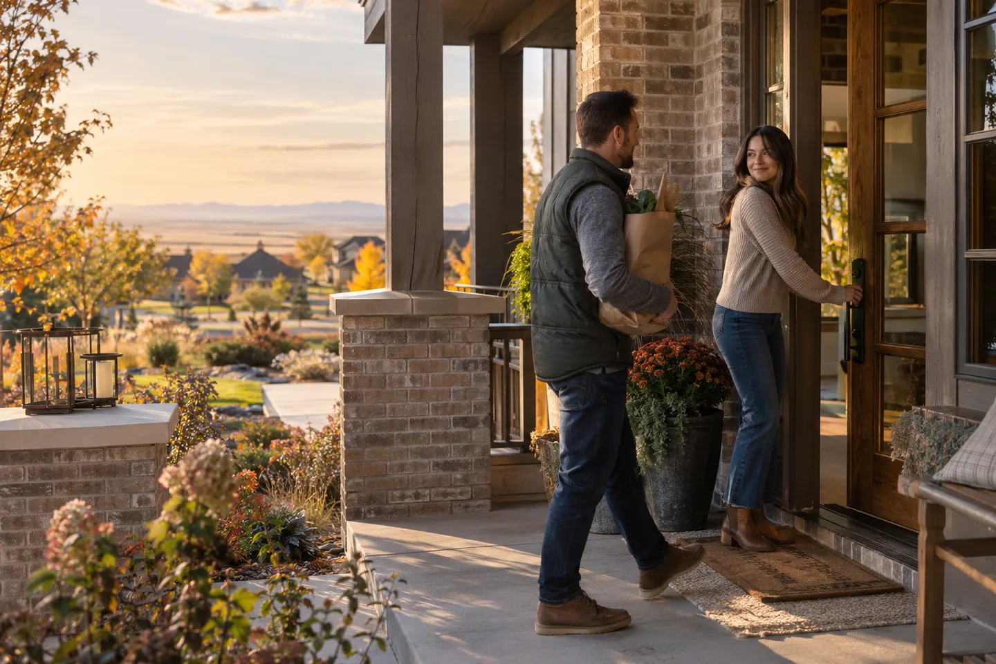 AI-generated illustration: Two adults return to a brick and cedar home with a grocery bag.