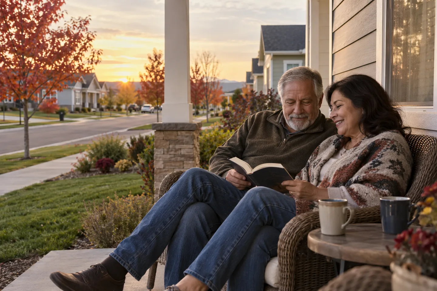 AI-generated illustration: Two older adults share a book on a neighborhood porch.