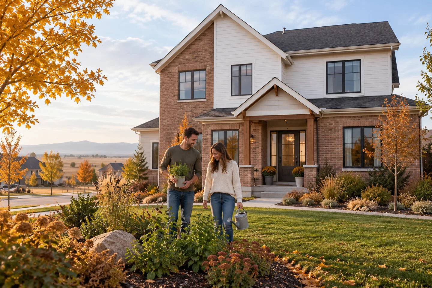 AI-generated illustration: A younger couple sharing a garden moment outside a contemporary home in fall.