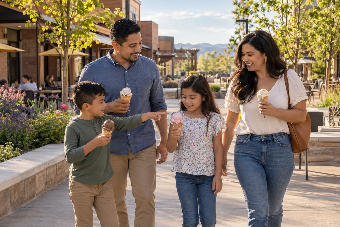 AI-generated illustration: Two parents and two school-age children share ice cream during a pedestrian outing.